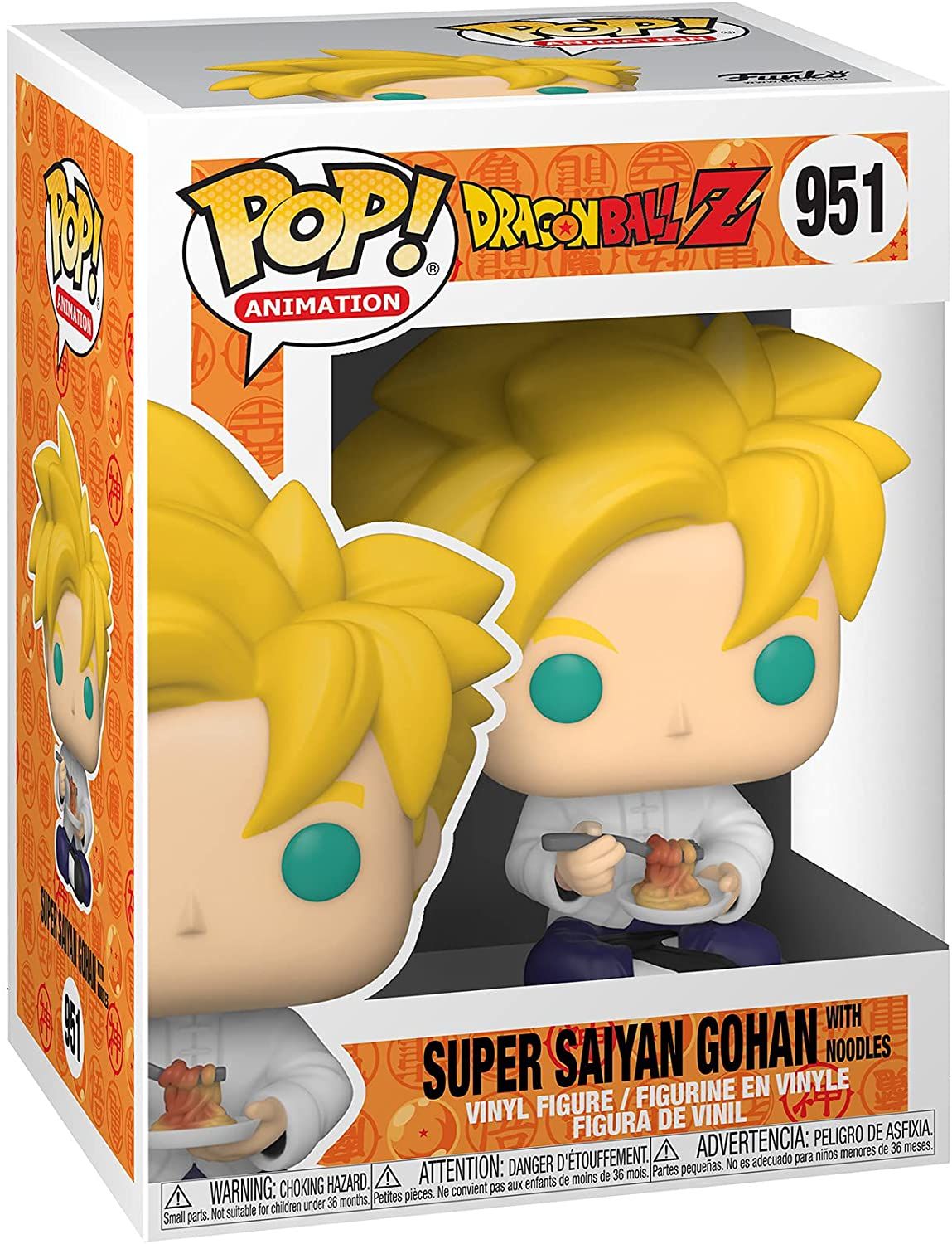 The Funko POP! Figure is from the Animation series and is titled "Dragon Ball Z - Super Saiyan Gohan (With Noodles) #951."